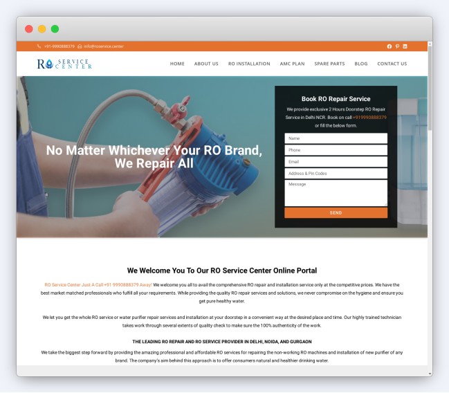 RO Service Center Website Screenshot